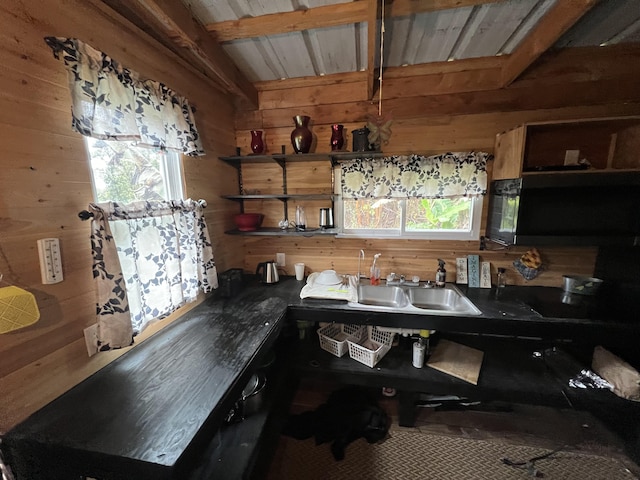 18-2040 Pomaikai St, Volcano, HI 96785 - kitchen featuring wood walls, open shelves, and beam ceiling
