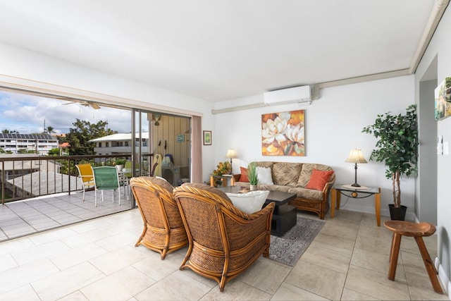 75-5719 Alii Dr Unit 314, Kailua-Kona, HI 96740 - living room featuring a wall unit AC, light tile patterned floors, and ceiling fan