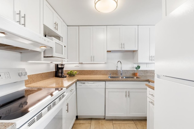 75-5719 Alii Dr Unit 314, Kailua-Kona, HI 96740 - kitchen with white appliances, white cabinetry, ventilation hood, and light stone counters