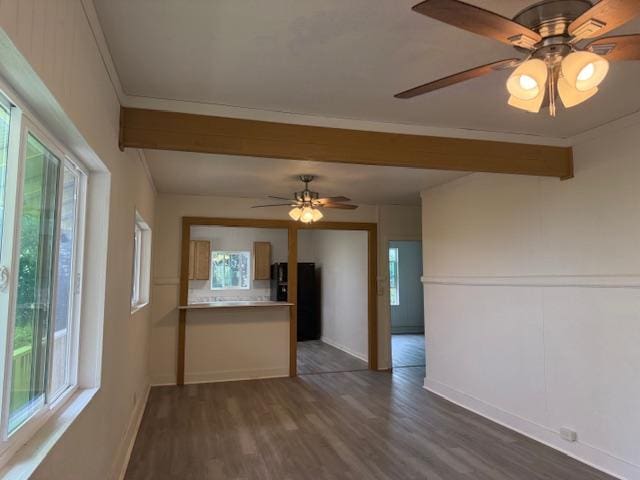46-4180 Honokaa Waipio Rd, Honokaa, HI 96727 - unfurnished living room with healthy amount of natural light, wood finished floors, a ceiling fan, beamed ceiling, and ornamental molding