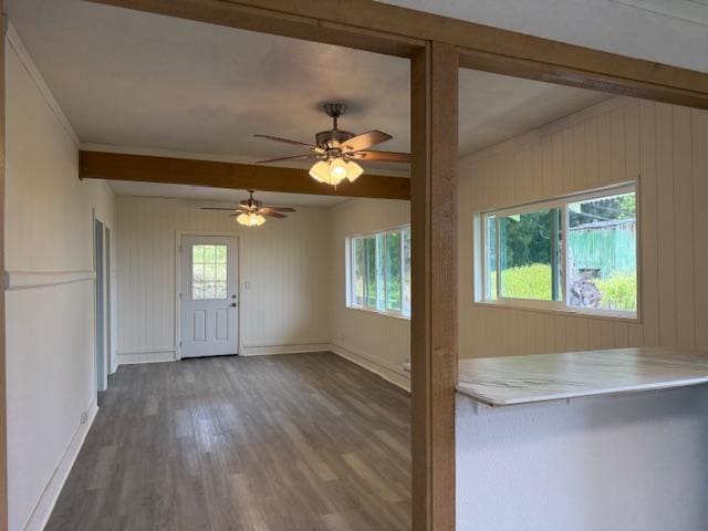 46-4180 Honokaa Waipio Rd, Honokaa, HI 96727 - entryway with beamed ceiling, wood finished floors, ceiling fan, and wooden walls