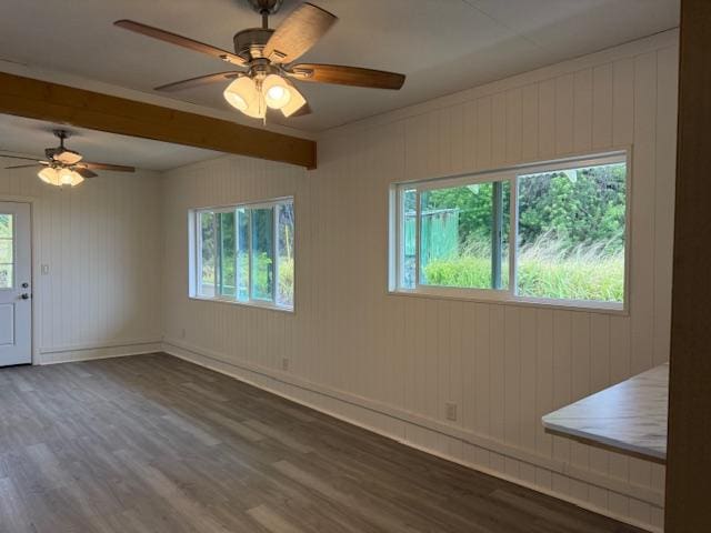 46-4180 Honokaa Waipio Rd, Honokaa, HI 96727 - empty room featuring wood finished floors, a ceiling fan, beam ceiling, and wooden walls