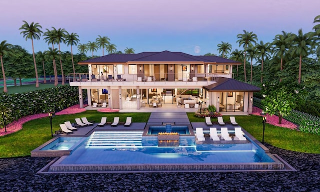 68-1006 Ke Kailani Dr, Kamuela, HI 96743 - back of property featuring a balcony, an in-ground hot tub, a patio, an outdoor living space with a fire pit, and an outdoor pool