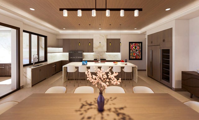 68-1006 Ke Kailani Dr, Kamuela, HI 96743 - dining space with wooden ceiling, wine cooler, light tile patterned floors, and recessed lighting