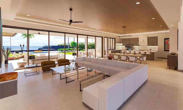 68-1006 Ke Kailani Dr, Kamuela, HI 96743 - living room featuring a tray ceiling, a ceiling fan, light tile patterned flooring, and recessed lighting