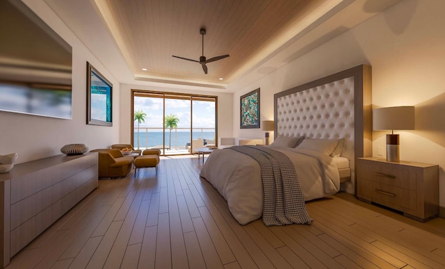 68-1006 Ke Kailani Dr, Kamuela, HI 96743 - bedroom with access to exterior, a tray ceiling, light wood-type flooring, wood ceiling, and a water view