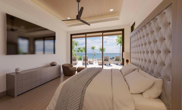 68-1006 Ke Kailani Dr, Kamuela, HI 96743 - bedroom with a raised ceiling, access to exterior, wooden ceiling, wood finished floors, and a water view