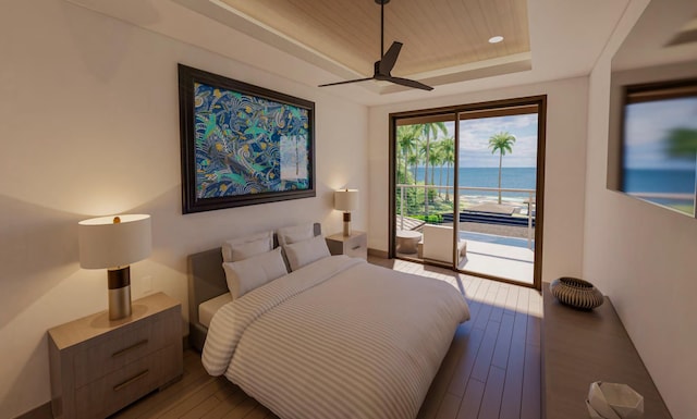 68-1006 Ke Kailani Dr, Kamuela, HI 96743 - bedroom with access to outside, hardwood / wood-style floors, a tray ceiling, a water view, and recessed lighting