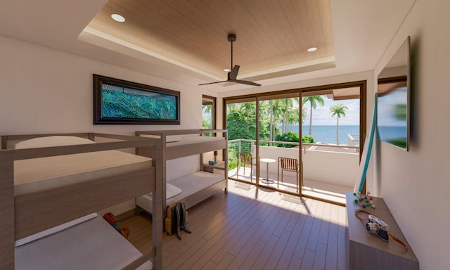 68-1006 Ke Kailani Dr, Kamuela, HI 96743 - bedroom featuring a tray ceiling, wood finished floors, wood ceiling, access to outside, and recessed lighting