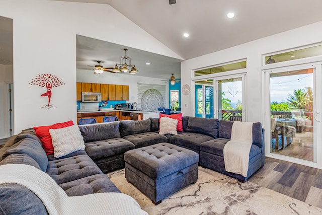 28-238 Akaka Falls Rd, Honomu, HI 96728 - living area with ceiling fan, light wood-type flooring, vaulted ceiling, and recessed lighting