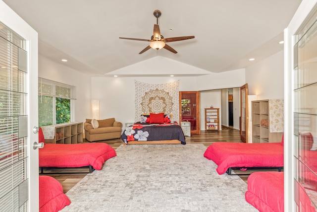28-238 Akaka Falls Rd, Honomu, HI 96728 - bedroom with wood finished floors, recessed lighting, vaulted ceiling, and ceiling fan