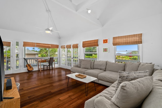 3795 Kelii Pl, Princeville, HI 96722 - living room featuring high vaulted ceiling, beamed ceiling, a ceiling fan, and wood finished floors