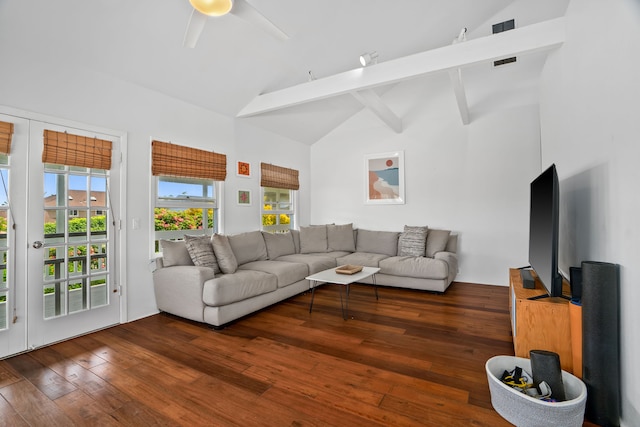 3795 Kelii Pl, Princeville, HI 96722 - living area featuring high vaulted ceiling, hardwood / wood-style floors, a ceiling fan, and beamed ceiling
