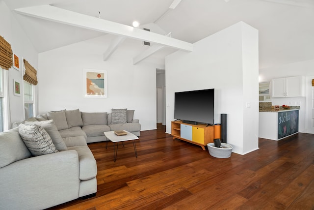3795 Kelii Pl, Princeville, HI 96722 - living area with dark wood-style floors, high vaulted ceiling, and beamed ceiling