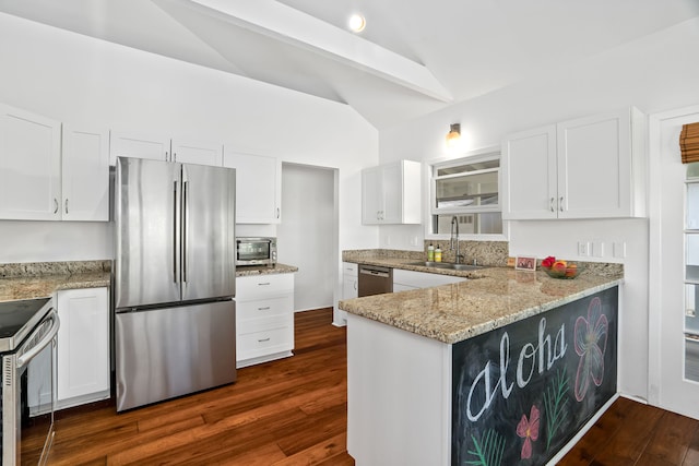 3795 Kelii Pl, Princeville, HI 96722 - kitchen with appliances with stainless steel finishes, vaulted ceiling, dark wood-type flooring, white cabinetry, and light stone counters