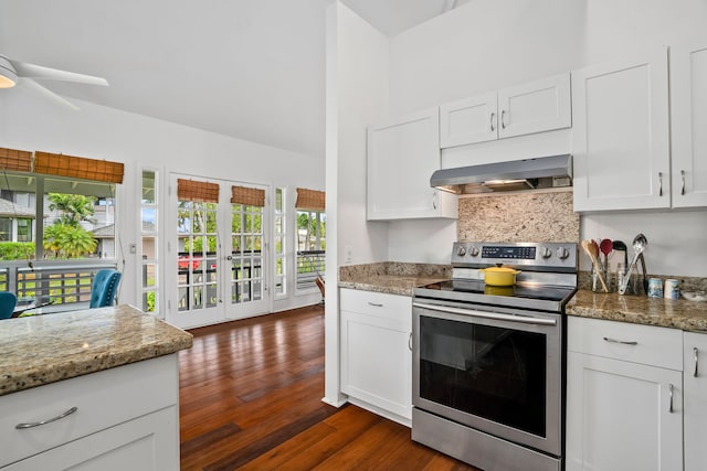 3795 Kelii Pl, Princeville, HI 96722 - kitchen with electric stove, wall chimney exhaust hood, white cabinetry, and light stone countertops