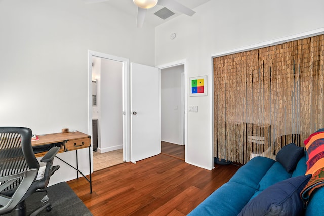 3795 Kelii Pl, Princeville, HI 96722 - office with a high ceiling, wood finished floors, and a ceiling fan