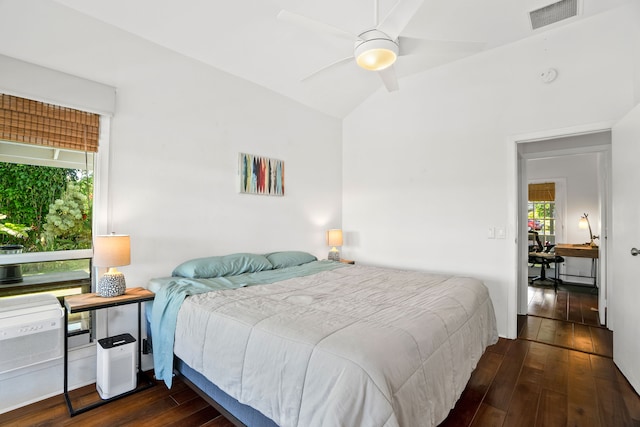 3795 Kelii Pl, Princeville, HI 96722 - bedroom with dark wood-style flooring, vaulted ceiling, and a ceiling fan