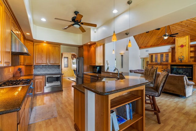 6201-B Kawaiihau Rd Unit B, Kapaa, HI 96746 - kitchen with a ceiling fan, a warming drawer, stainless steel appliances, ventilation hood, and high vaulted ceiling