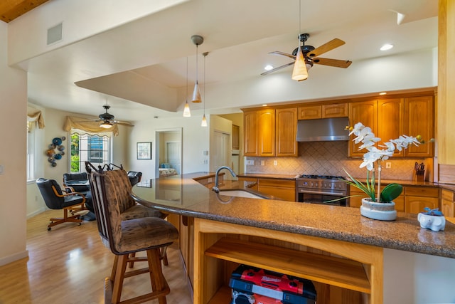 6201-B Kawaiihau Rd Unit B, Kapaa, HI 96746 - kitchen with high end stove, ceiling fan, under cabinet range hood, brown cabinets, and recessed lighting