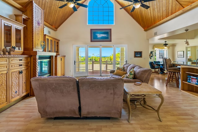 6201-B Kawaiihau Rd Unit B, Kapaa, HI 96746 - living room featuring a ceiling fan, high vaulted ceiling, light wood-style floors, wood ceiling, and a fireplace