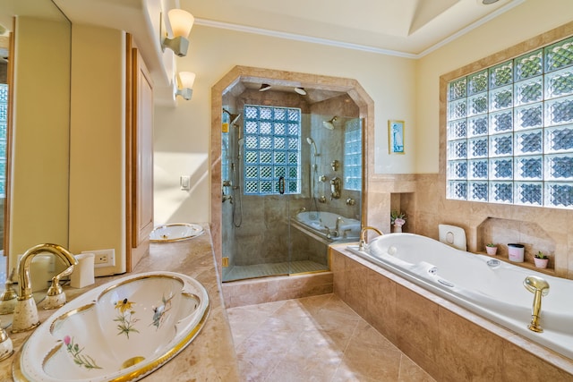 6201-B Kawaiihau Rd Unit B, Kapaa, HI 96746 - full bathroom with a garden tub, ornamental molding, a stall shower, and tile patterned flooring