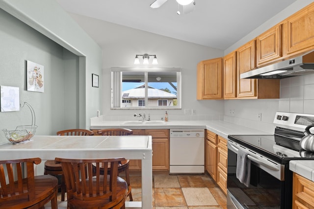 55-548 Hawi Rd, Hawi, HI 96719 - kitchen with dishwasher, stainless steel electric range, under cabinet range hood, lofted ceiling, and light stone finish flooring