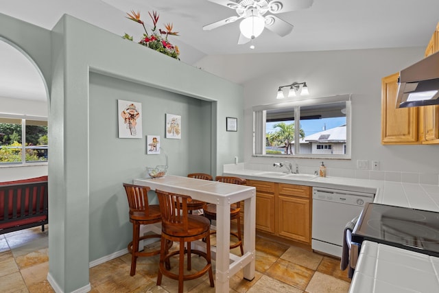 55-548 Hawi Rd, Hawi, HI 96719 - kitchen featuring dishwasher, tile countertops, electric stove, a ceiling fan, and lofted ceiling