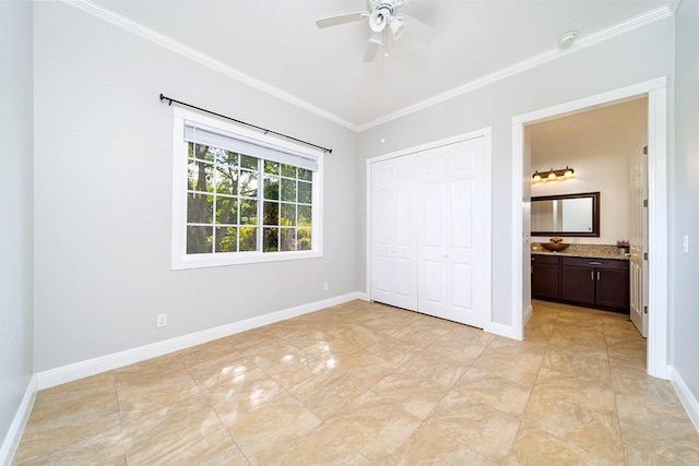 15-1535 1st Ave, Keaau, HI 96749 - unfurnished bedroom with crown molding, a closet, light tile patterned flooring, ensuite bathroom, and a ceiling fan