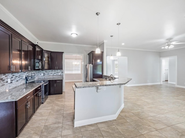 15-1535 1st Ave, Keaau, HI 96749 - kitchen featuring stainless steel appliances, a kitchen breakfast bar, dark brown cabinets, light tile patterned flooring, and tasteful backsplash