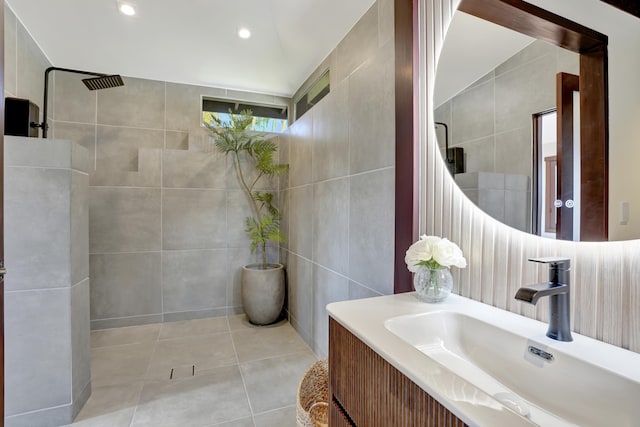 6003-B Halaulani Pl Unit 2, Kilauea, HI 96754 - full bathroom featuring tile walls, tile patterned flooring, a tile shower, recessed lighting, and vanity