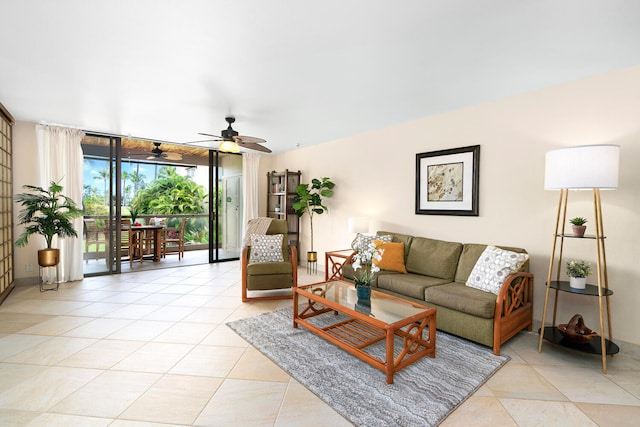 78-6800 Alii Dr Unit 7202, Kailua-Kona, HI 96740 - living room featuring a ceiling fan, light tile patterned floors, and a wall of windows