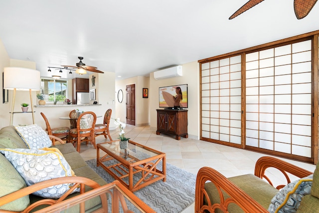 78-6800 Alii Dr Unit 7202, Kailua-Kona, HI 96740 - living room with ceiling fan, a wall unit AC, and light tile patterned floors