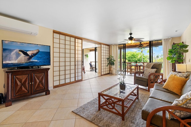 78-6800 Alii Dr Unit 7202, Kailua-Kona, HI 96740 - living area with floor to ceiling windows, a ceiling fan, a wall unit AC, and light tile patterned floors