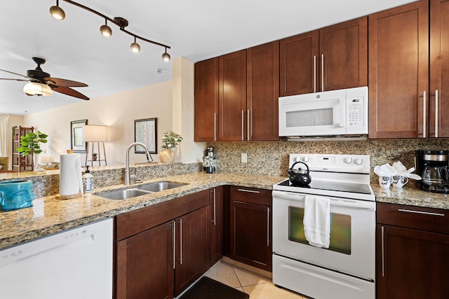 78-6800 Alii Dr Unit 7202, Kailua-Kona, HI 96740 - kitchen with white appliances, backsplash, light stone countertops, a ceiling fan, and light tile patterned floors