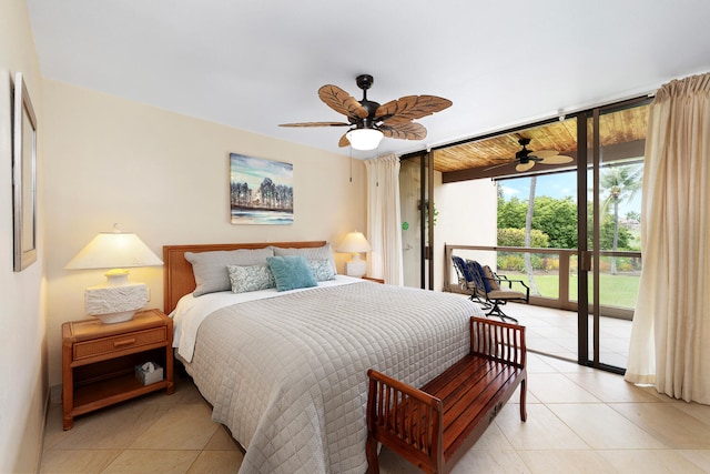 78-6800 Alii Dr Unit 7202, Kailua-Kona, HI 96740 - bedroom with access to exterior, light tile patterned flooring, floor to ceiling windows, and ceiling fan
