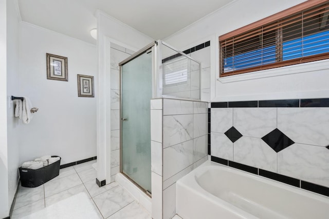 68-1760 Nawili Pl, Waikoloa, HI 96738 - bathroom featuring a garden tub, a stall shower, and crown molding
