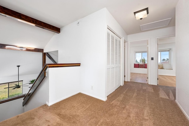 68-1760 Nawili Pl, Waikoloa, HI 96738 - hall with an upstairs landing, carpet floors, and beam ceiling