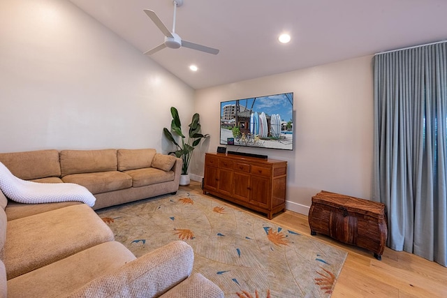 68-1785 Niu Haohao Pl, Waikoloa, HI 96738 - living area featuring lofted ceiling, light wood-type flooring, a ceiling fan, and recessed lighting