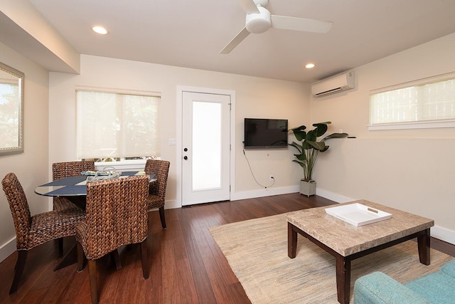 68-1785 Niu Haohao Pl, Waikoloa, HI 96738 - dining space featuring a wall mounted air conditioner, a ceiling fan, dark wood-style flooring, and recessed lighting