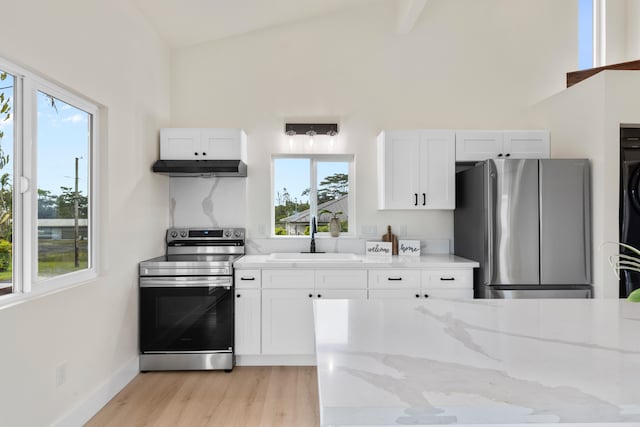 16-2078 Mauna Kea Dr, Pahoa, HI 96778 - kitchen with stainless steel appliances, lofted ceiling, light wood-type flooring, under cabinet range hood, and white cabinets