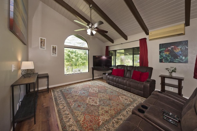 15-2736 Ahi St, Pahoa, HI 96778 - living room with a wall mounted air conditioner, wood finished floors, ceiling fan, a wood ceiling with exposed beams, and high vaulted ceiling