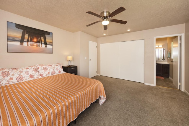 15-2736 Ahi St, Pahoa, HI 96778 - carpeted bedroom with a closet, a textured ceiling, ensuite bathroom, ceiling fan, and recessed lighting