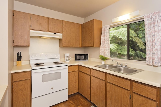 15-2736 Ahi St, Pahoa, HI 96778 - kitchen featuring white electric range oven, under cabinet range hood, black microwave, light countertops, and dark wood finished floors