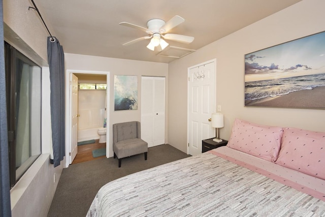 15-2736 Ahi St, Pahoa, HI 96778 - bedroom featuring carpet floors, connected bathroom, a ceiling fan, and a closet