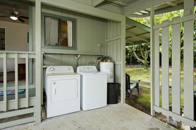 15-2736 Ahi St, Pahoa, HI 96778 - laundry area with water heater, washer and dryer, and a ceiling fan