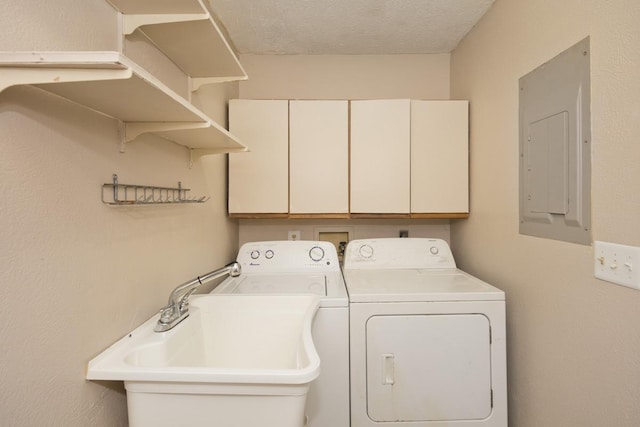 15-2736 Ahi St, Pahoa, HI 96778 - laundry room with electric panel, washing machine and dryer, cabinet space, and a textured ceiling