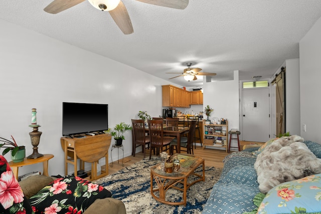 3-3400 Kuhio Hwy Unit B101, Lihue, HI 96766 - living room featuring ceiling fan, a textured ceiling, light wood-style floors, and a barn door