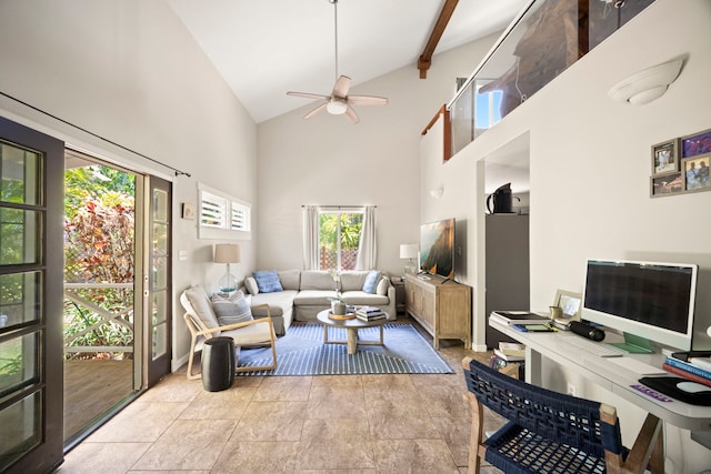 2375 Kipuka St, Koloa, HI 96756 - living room featuring high vaulted ceiling, a ceiling fan, and beam ceiling