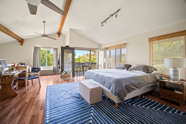 2375 Kipuka St, Koloa, HI 96756 - bedroom with access to exterior, wood finished floors, track lighting, and ceiling fan